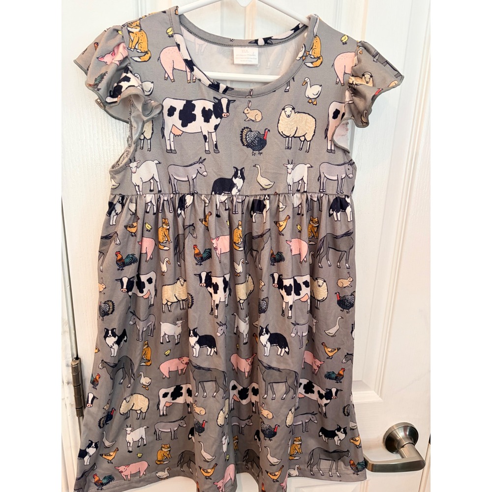 Unbranded Farm Animal Dress Grey Flutter Sleeve Cow Pig Sheep Turkey Print 3XL